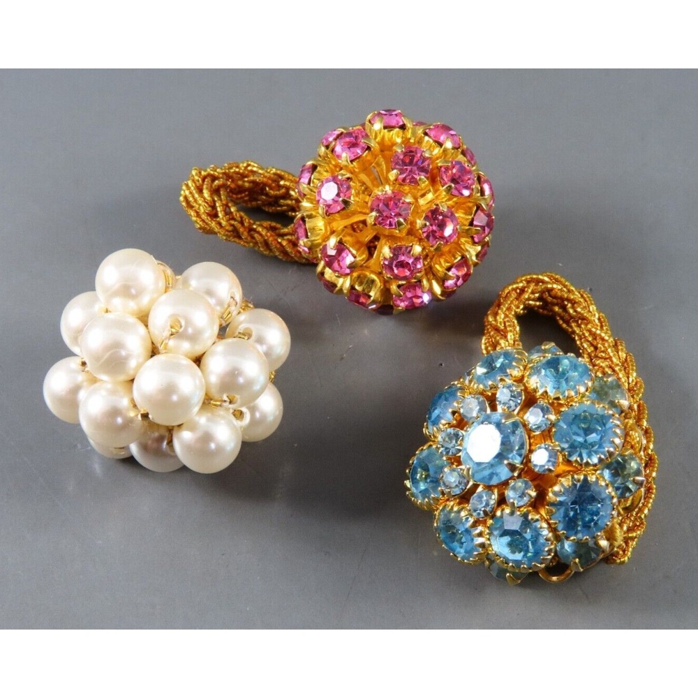 VTG LOT OF 3, Gold Stretch Band Rings FAUX PEARL CLUSTER Blue & Pink Rhinestones